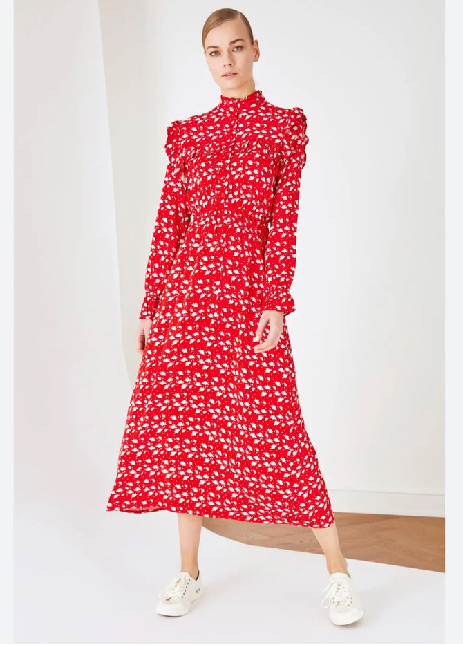 Red  Shirt Collar Viscose Dress