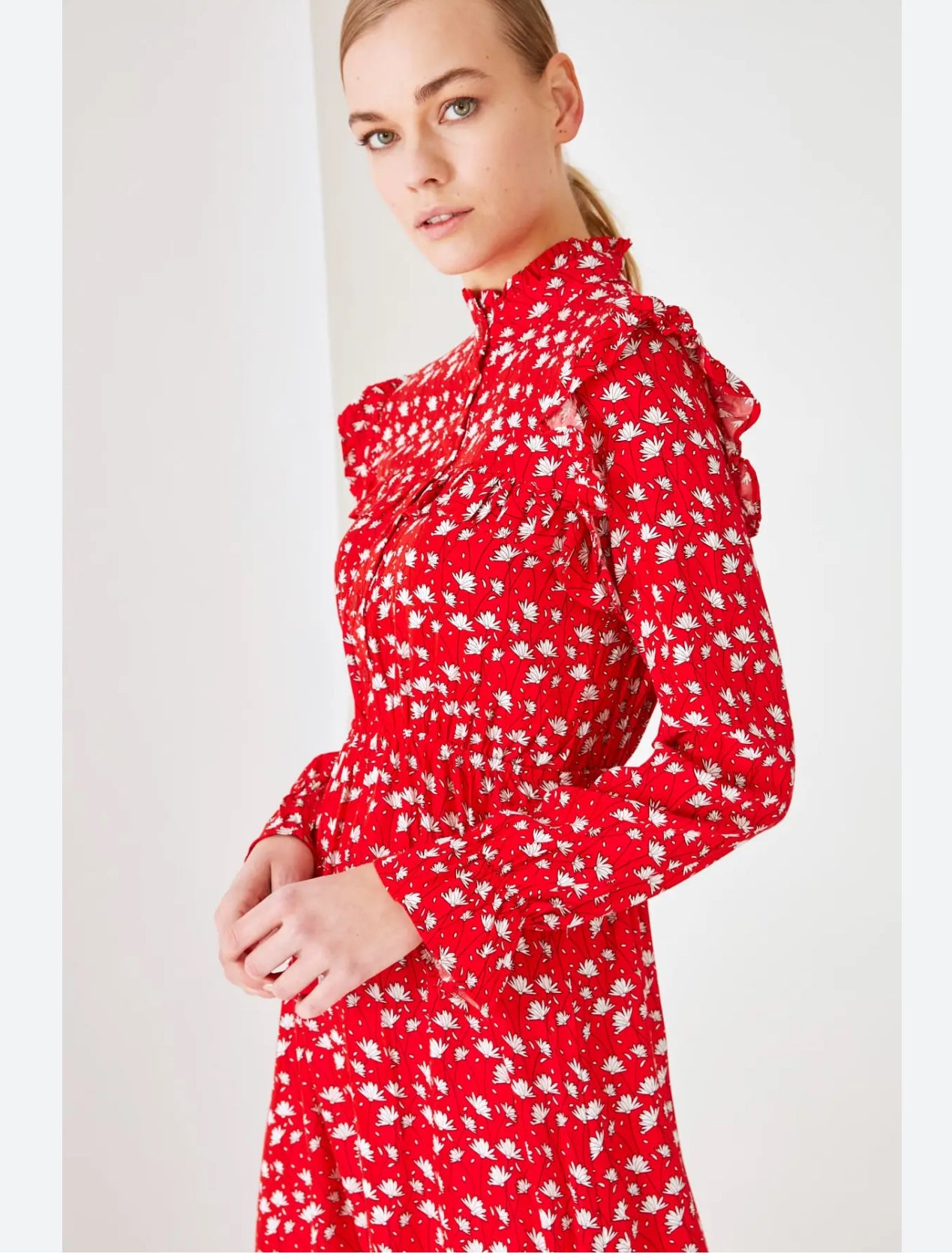 Red  Shirt Collar Viscose Dress