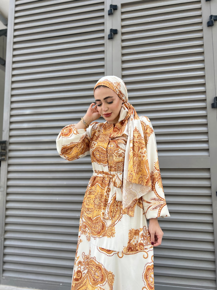 Gold satin ethnic patterned dress with shawl