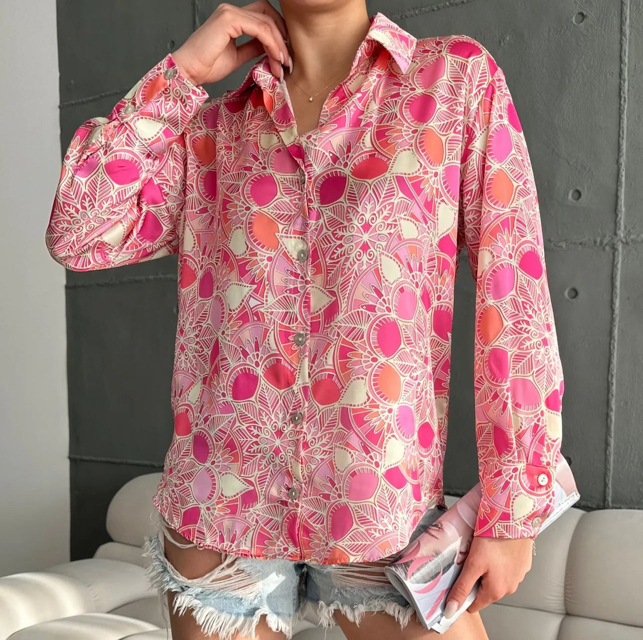 Pink printed silk shirt