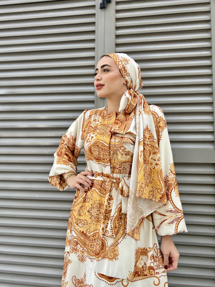 Gold satin ethnic patterned dress with shawl