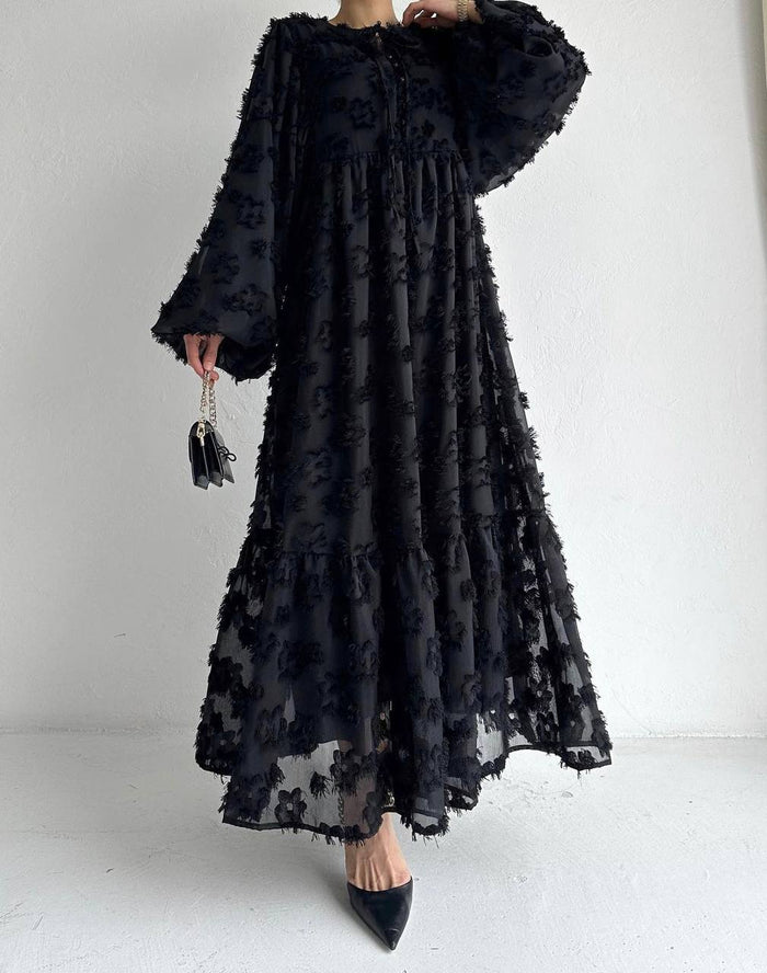 BLACK FEATHER EMBOSSED DRESS 2309190001-07