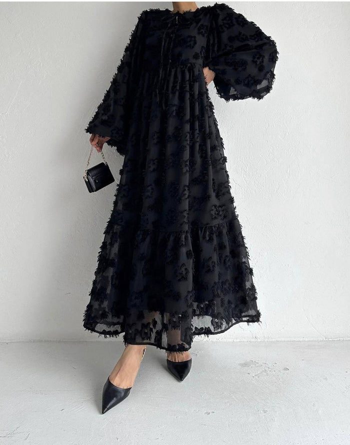 BLACK FEATHER EMBOSSED DRESS 2309190001-07