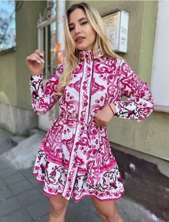 Pink printed Button detail dress 2309190021-03