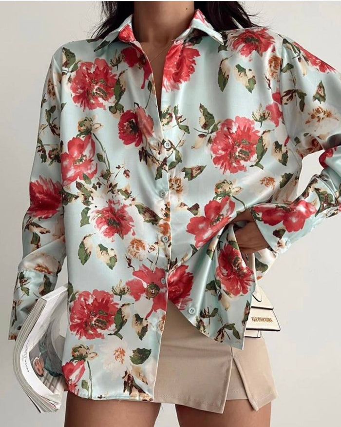 Blue flowers satin shirt