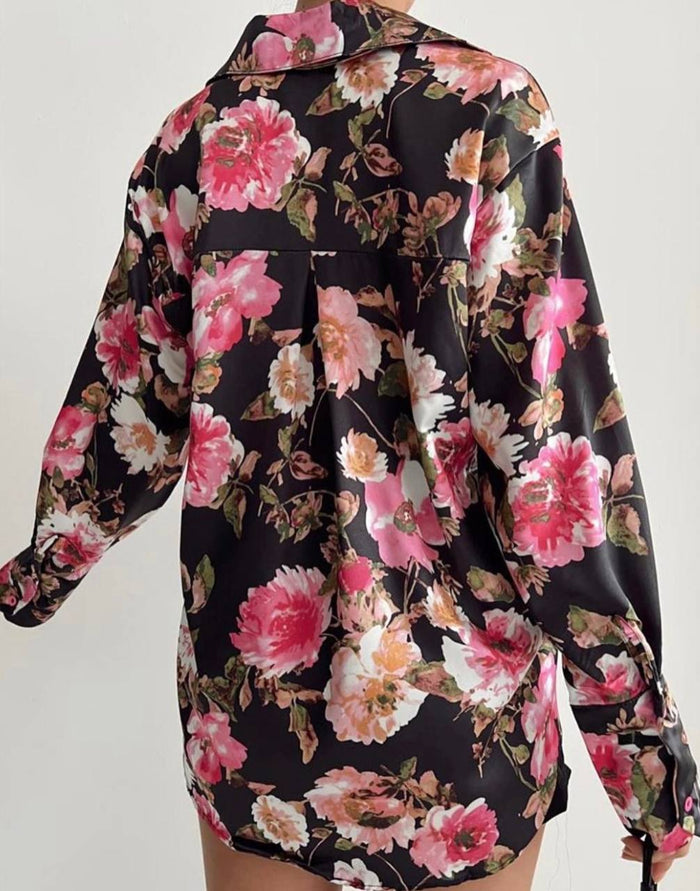 Black flowers satin shirt