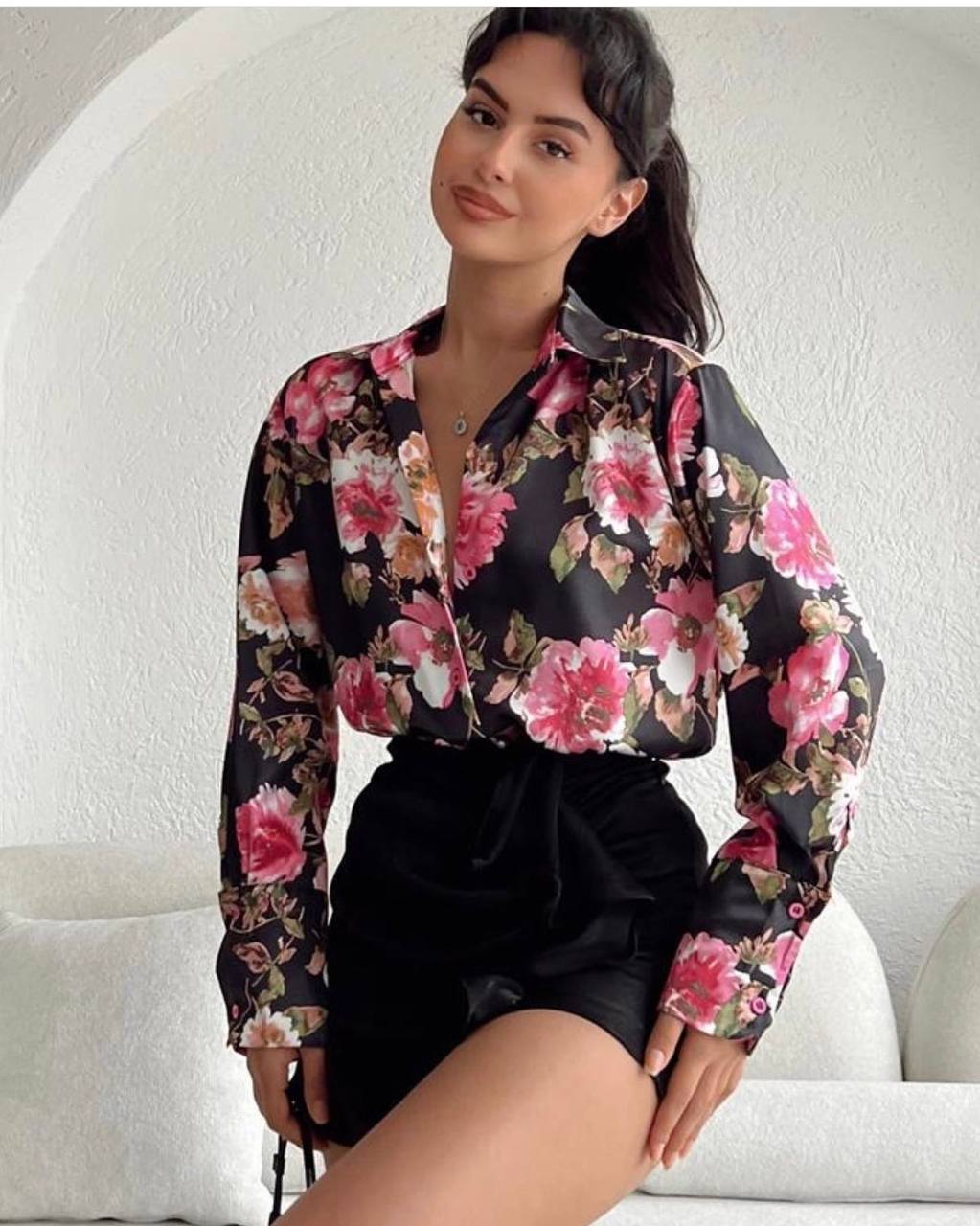 Black flowers satin shirt