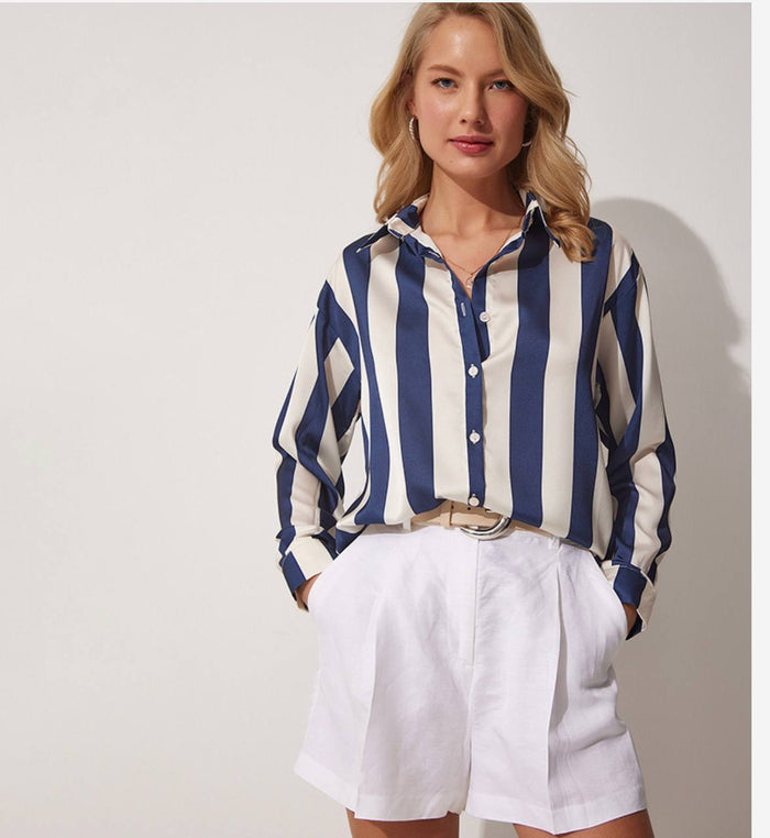 Navy satin striped shirt