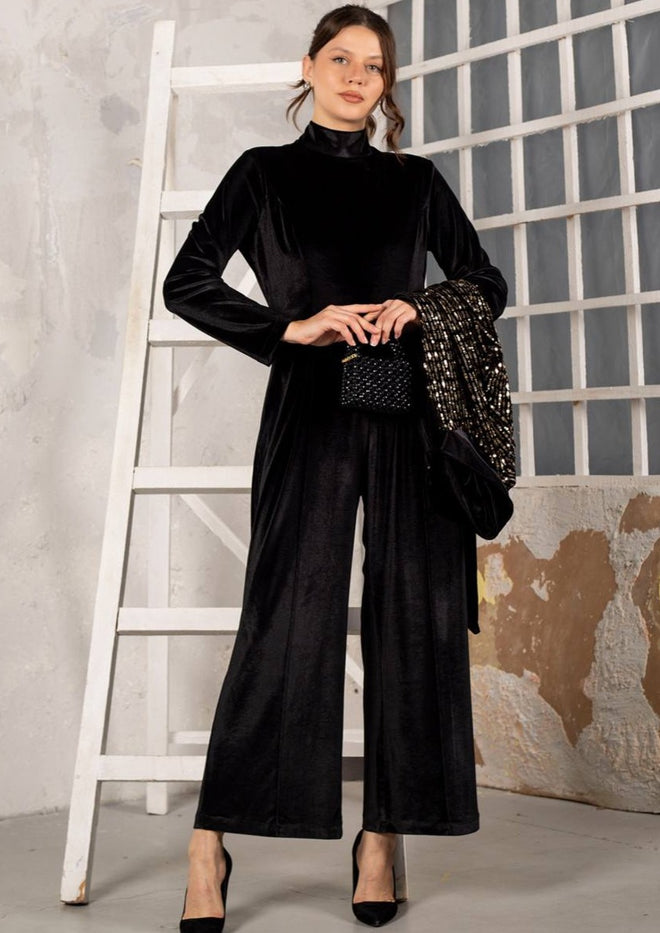 Black Velvet Sequin Jumpsuit - Jacket Set 2301060021-01