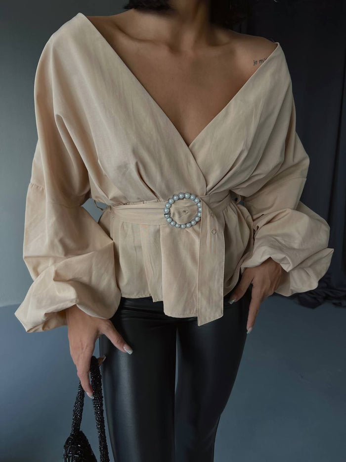 DOUBLE BREASTED NECK BALLOON SLEEVE POPLIN WHITE BLOUSE