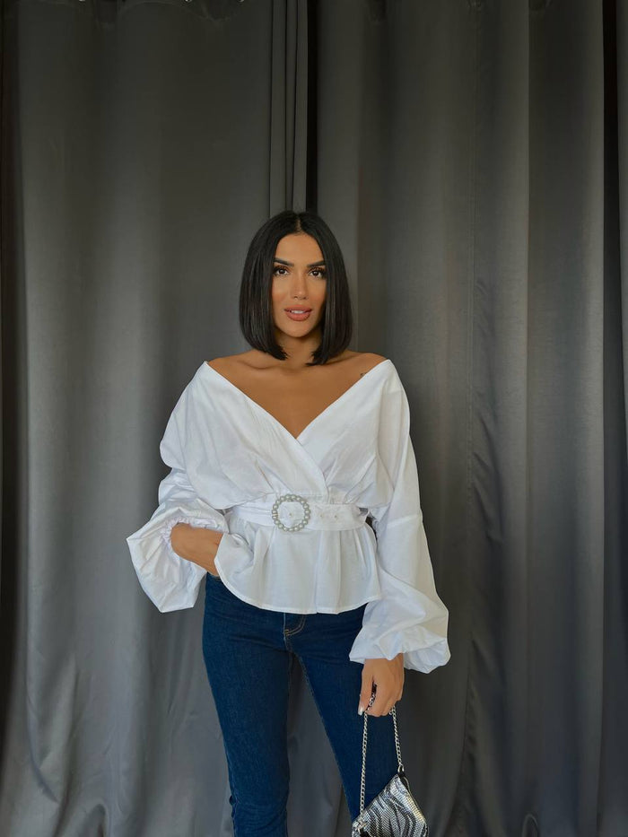 DOUBLE BREASTED NECK BALLOON SLEEVE POPLIN WHITE BLOUSE