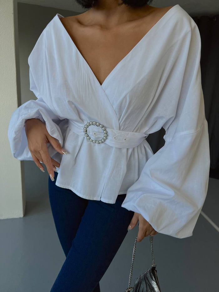 DOUBLE BREASTED NECK BALLOON SLEEVE POPLIN WHITE BLOUSE