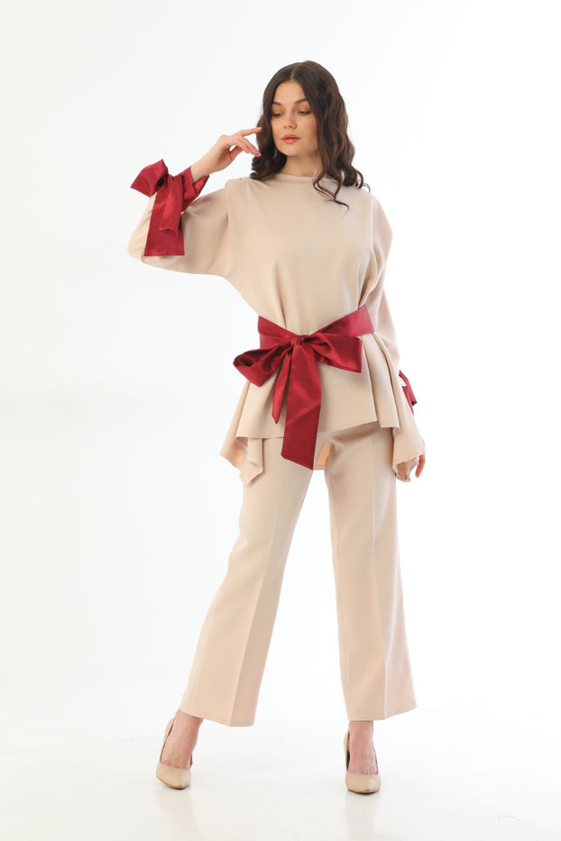 BEIGE MAROON  BOW SUIT 2304240031-01