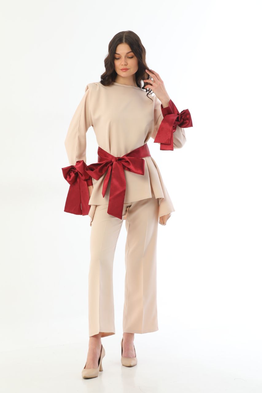 BEIGE MAROON  BOW SUIT 2304240031-01